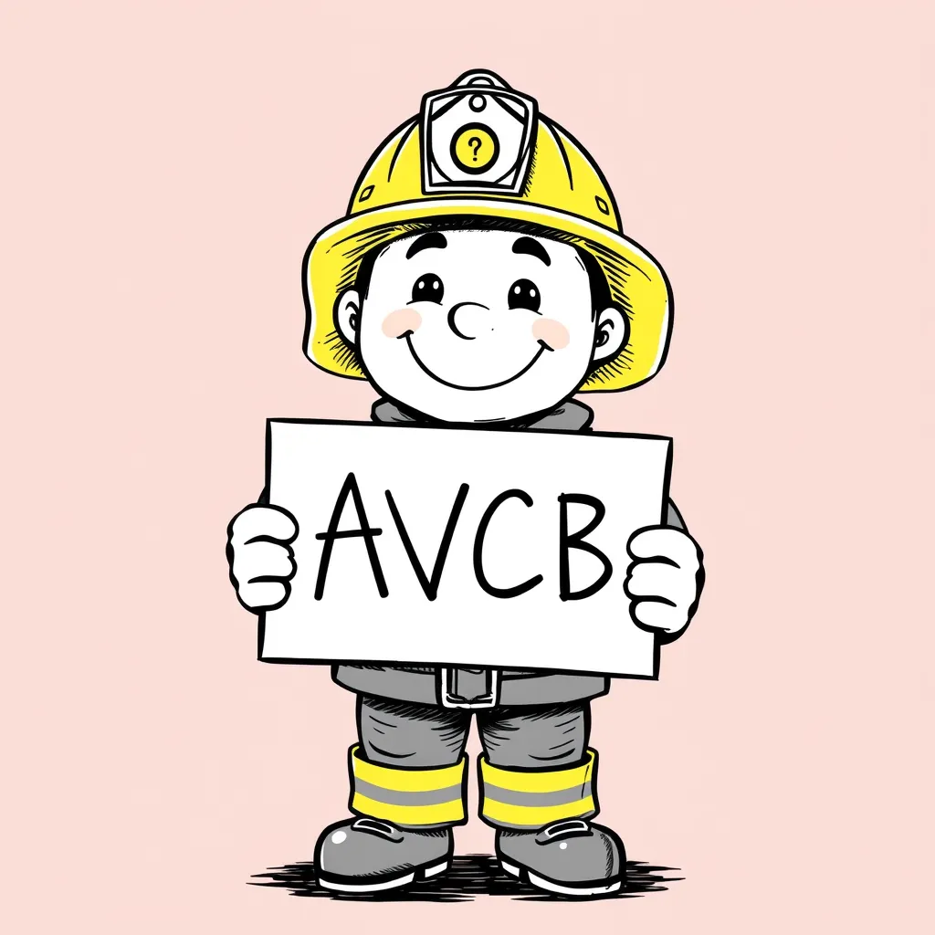 Bombeiro sorridente segurando placa com a sigla AVCB, certificação de segurança contra incêndio.