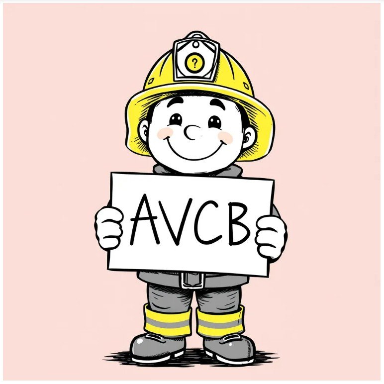 Bombeiro sorridente segurando placa com a sigla AVCB, certificação de segurança contra incêndio.