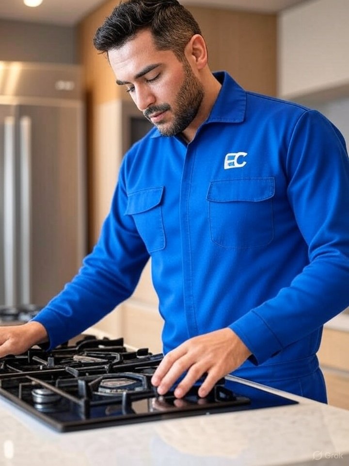 Técnico especializado de uma empresa de instalação de fogão realizando um serviço seguro em cozinha residencial