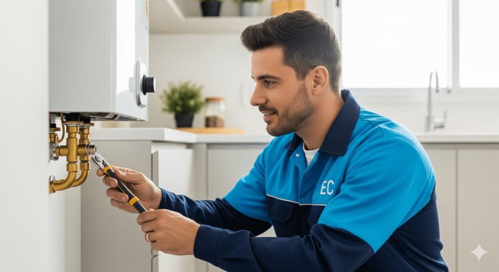 Técnico de uma empresa de manutenção de gás residencial inspecionando uma instalação em cozinha segura em campinas