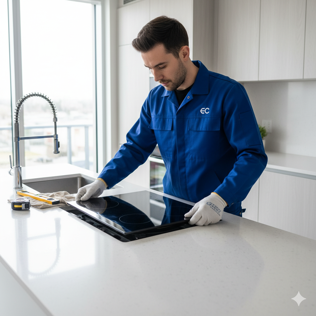 Técnico profissional realizando a instalação de cooktop em apartamento, encaixando o aparelho com precisão em uma bancada de cozinha moderna.
