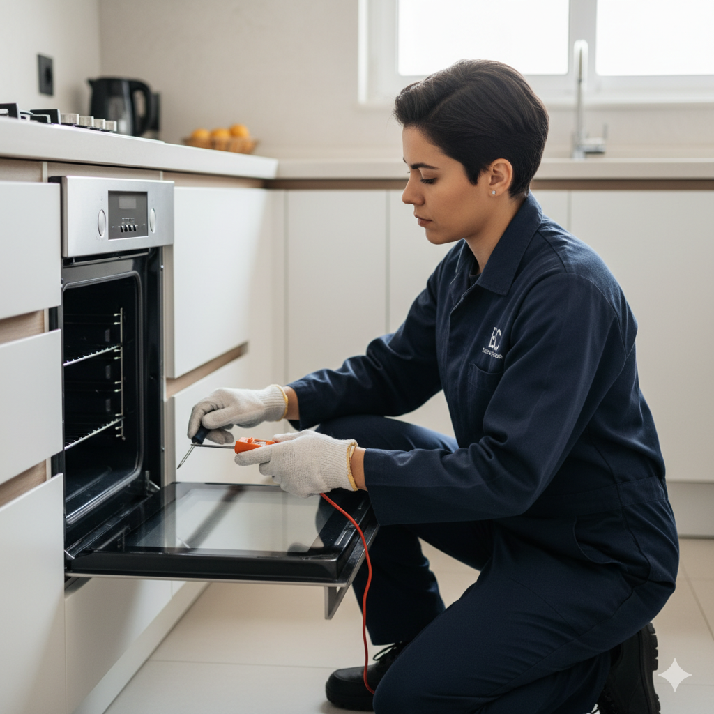 Técnico da Eletro Contato Serviços realizando a instalação de forno de embutir em uma cozinha moderna em campinas.