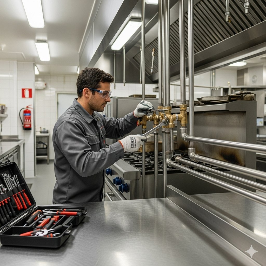 Profissional realizando a instalação de sistema de gás para restaurante em uma cozinha industrial moderna.