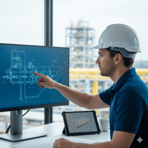 Engenheiro da Eletro Contato Serviços analisando um projeto técnico de instalação de gás industrial em um computador.