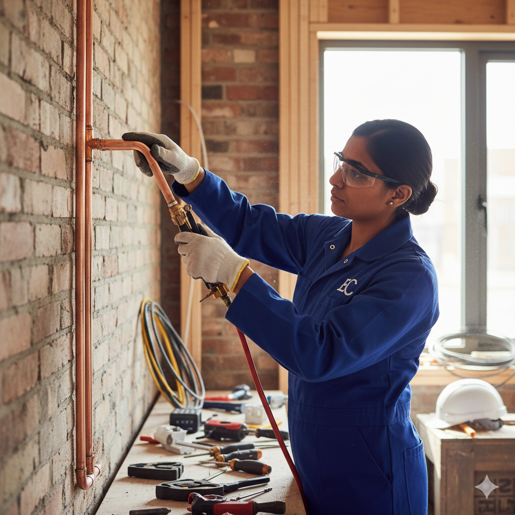 Técnico com uniforme azul da EC realizando a instalação de tubulação de gás embutida de cobre em uma parede de cozinha em obras.
