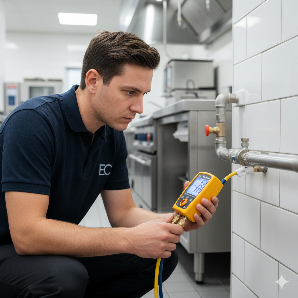 Técnico da Eletrocontato realiza teste para laudo de estanqueidade para comércios em cozinha industrial.