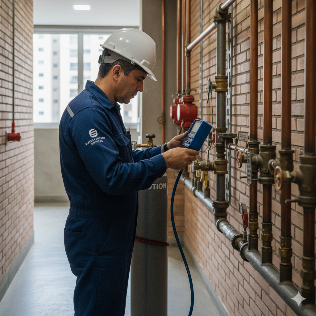 Técnico especializado da Eletro Contato Serviços realizando o laudo de estanqueidade em tubulações de gás de um condomínio.