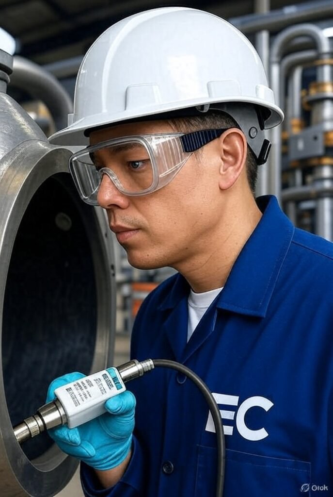 Engenheiro realizando inspeção técnica com ultrassom em um vaso de pressão industrial para emissão do laudo NR 13.