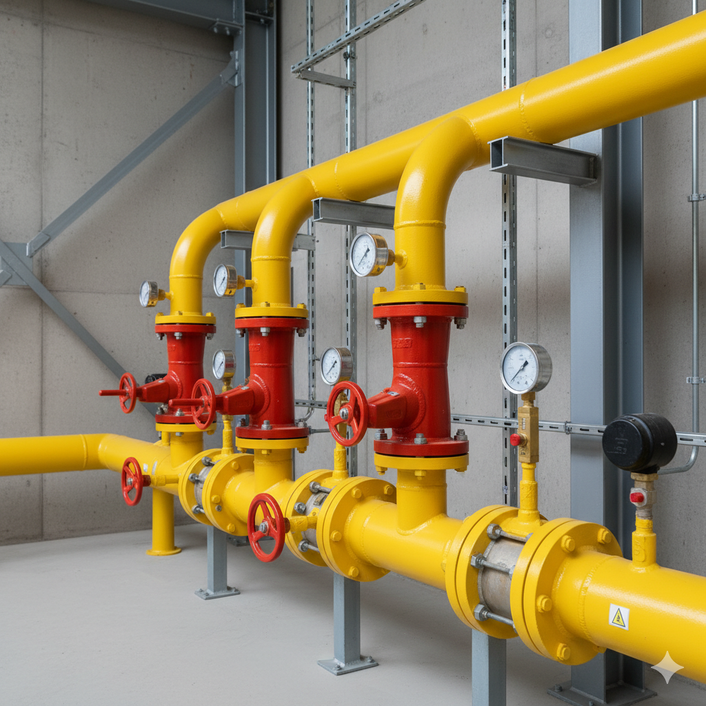 Técnico especialista qualificado realizando a solda em uma tubulação de gás industrial de aço carbono, seguindo normas de segurança.