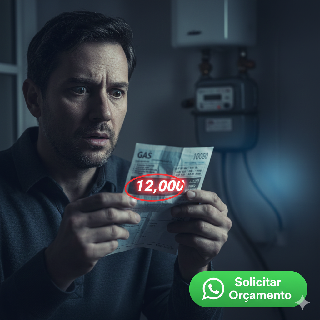 Homem assustado olhando para uma conta de gás muito alta com o valor circulado em vermelho.