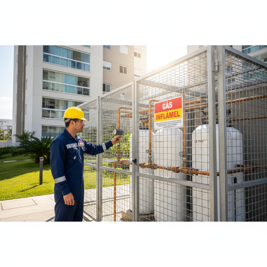 Técnico especializado realizando a inspeção de uma central de gás profissional em um condomínio