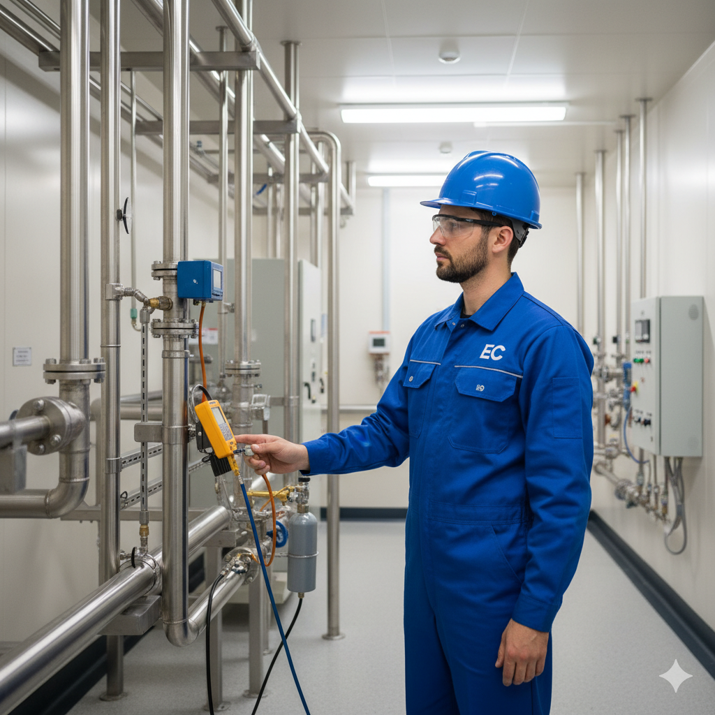 Técnico especializado realizando a renovação de laudo de estanqueidade de gás em um medidor de gás