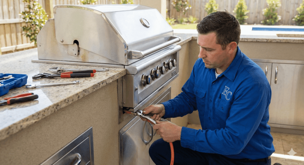 Técnico com uniforme azul e logo EC realizando a instalação de churrasqueira a gás utilizando ferramentas de precisão.