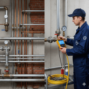 Técnico realizando teste de estanqueidade na tubulação de gás aparente para garantir a segurança e evitar vazamentos.