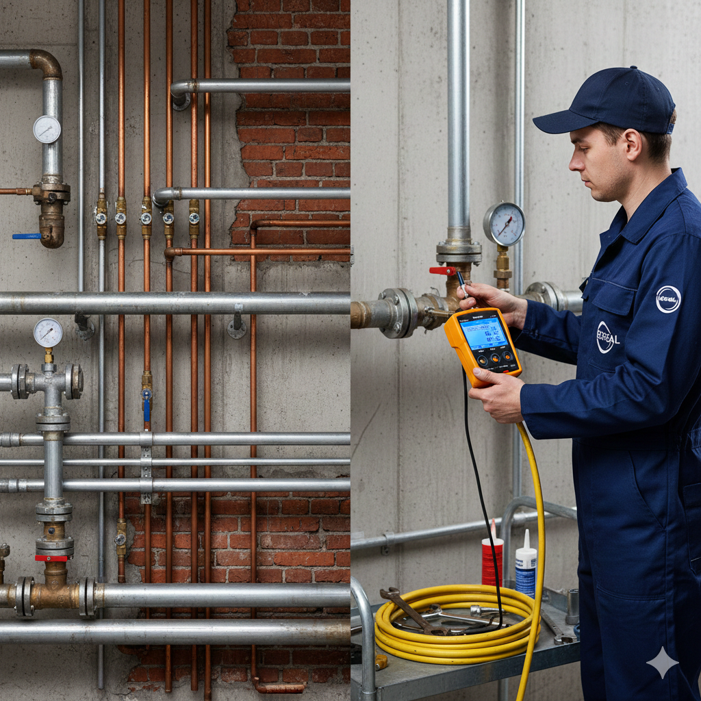 Técnico realizando teste de estanqueidade na tubulação de gás aparente para garantir a segurança e evitar vazamentos.