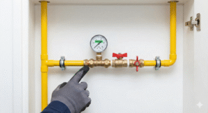 Detalhe de tubulação amarela de gás com manômetro para teste de estanqueidade e mão de técnico verificando a segurança da instalação de gás encanado.