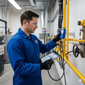 Ilustração de técnico verificando manômetro em tubulação de gás durante teste de estanqueidade