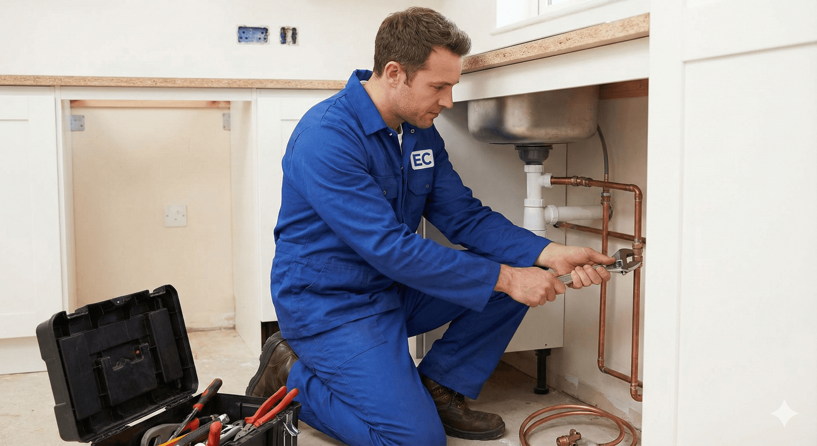 Técnico especializado da Eletro Contato com uniforme azul e logo EC realizando instalação de gás residencial em tubulação de cobre com ferramentas adequadas.