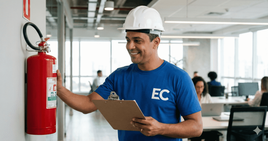Um engenheiro civil brasileiro amigável, sorrindo e usando capacete branco e camiseta azul com logo EC, segura uma prancheta enquanto realiza uma inspeção de segurança em um extintor de incêndio vermelho montado na parede de um escritório corporativo moderno e iluminado.