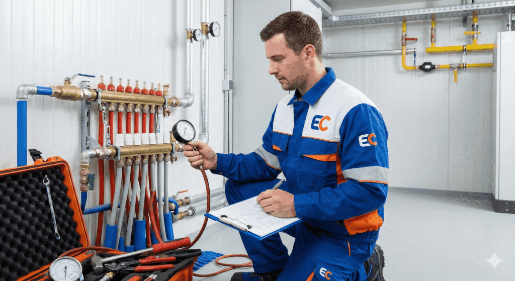 Técnico da Eletro Contato verificando manômetro em tubulação de gás para emissão de laudo de teste de estanqueidade.