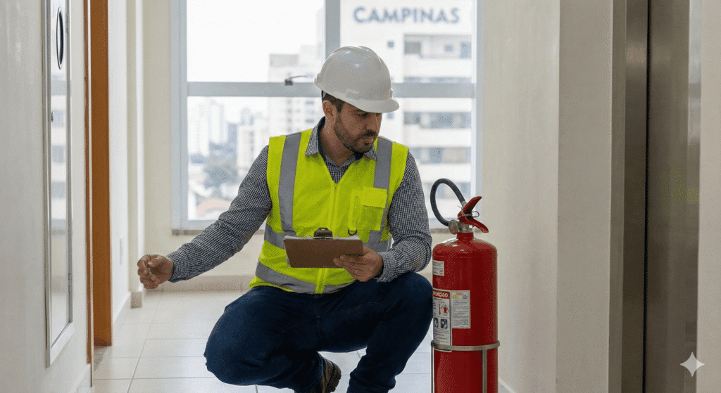 Técnico de segurança de capacete e colete realizando inspeção em extintor de incêndio durante pré-vistoria para o processo de renovação AVCB Campinas em um prédio comercial.