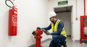 Profissional de engenharia com capacete e colete refletivo realizando vistoria técnica criteriosa em hidrante para elaboração e aprovação do avcb bombeiros.