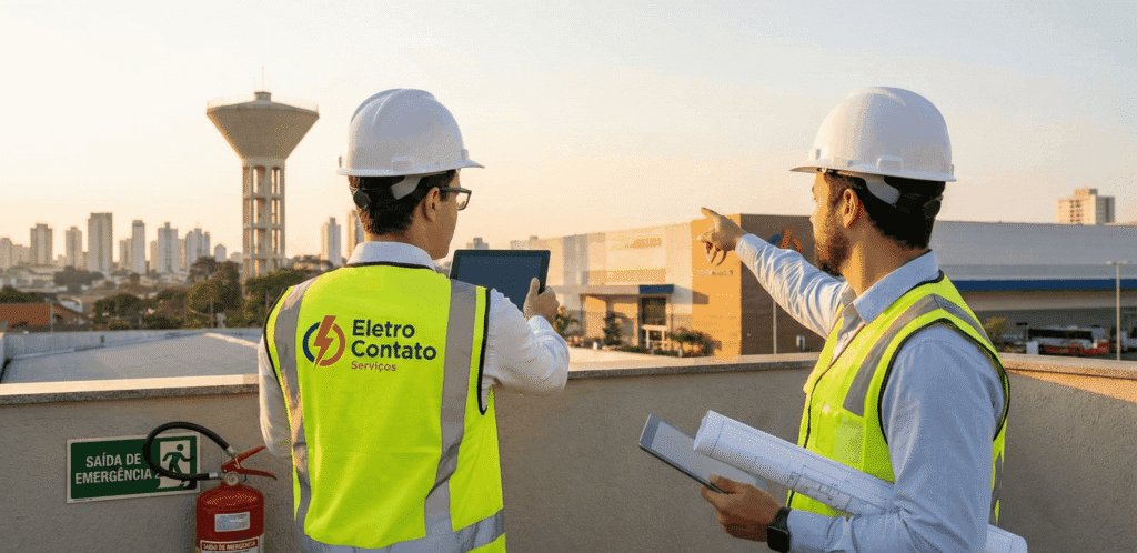 Engenheiros da Eletro Contato Serviços realizando vistoria técnica para emissão de CLCB em Campinas, com equipamentos de segurança e vista da cidade ao fundo.