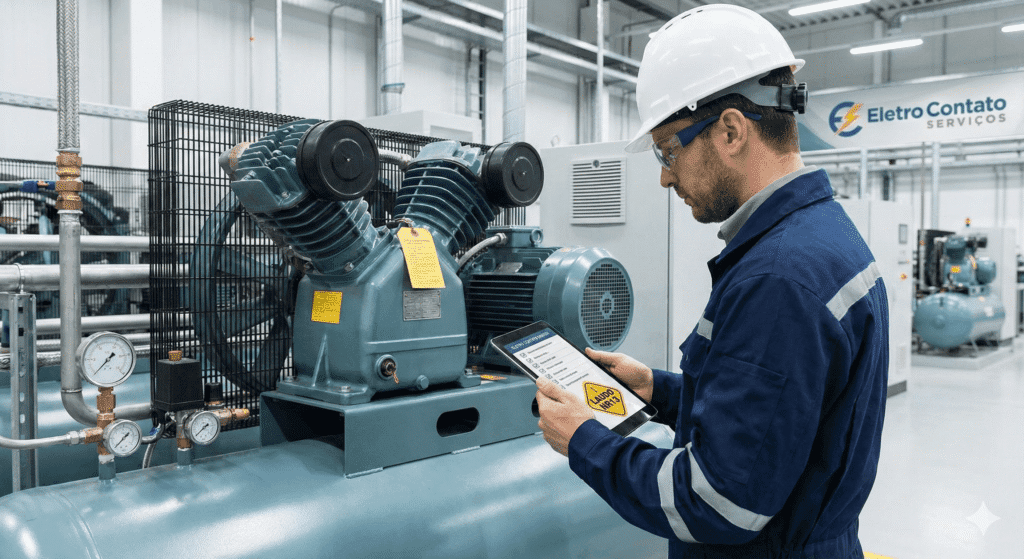 Engenheiro de segurança utilizando tablet para realizar a inspeção técnica e checklist de conformidade para emissão de laudo NR13 compressor em ambiente industrial.