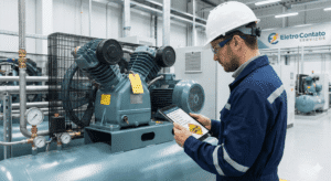 Ilustração de engenheiro com tablet inspecionando compressor de ar industrial para laudo NR-13