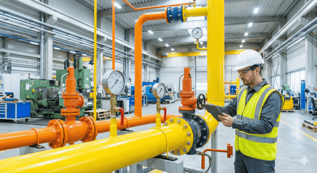 Engenheiro de segurança inspeciona válvulas e manômetros em uma tubulação de gás industrial dentro de uma fábrica, garantindo o cumprimento das normas.