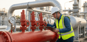 Inspetor verificando válvulas de segurança e manômetros em uma tubulação de gás industrial.
