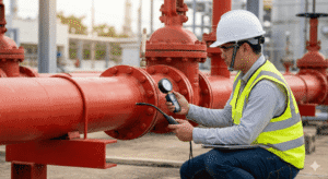 Inspetor de segurança utilizando um manômetro digital para verificar a pressão em uma tubulação de gás industrial vermelha em uma fábrica.