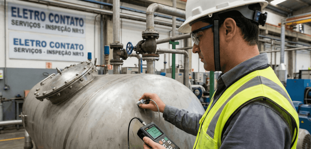 Engenheiro especializado realizando a inspeção de vasos de pressão NR13 com equipamento de ultrassom na indústria.