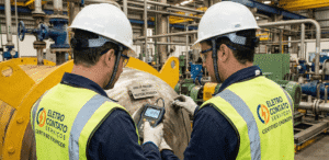 Engenheiros da Eletro Contato Serviços realizando inspeção de vaso de pressão com equipamento de ultrassom na indústria.