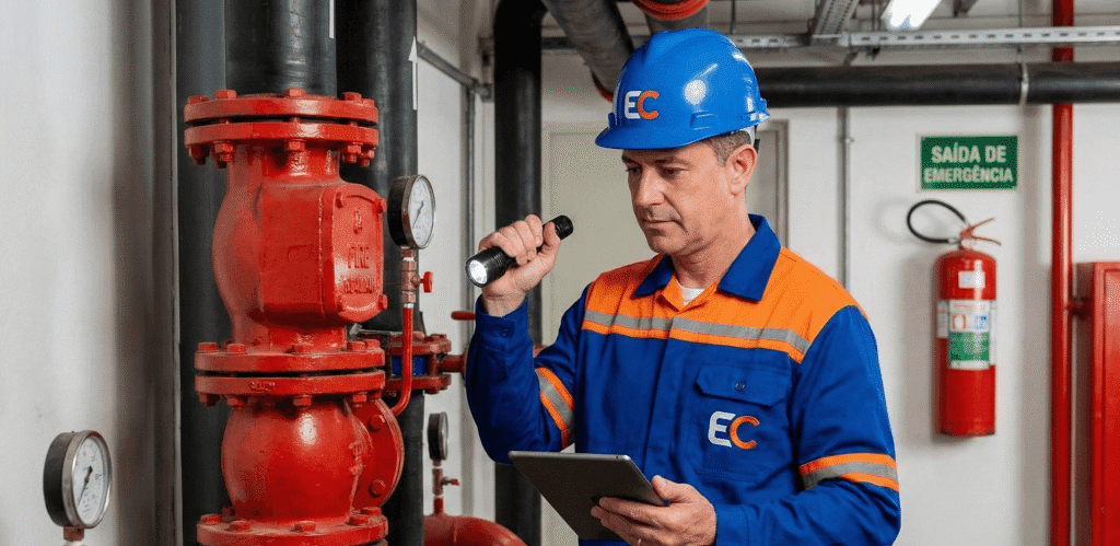 Técnico especializado da Eletro Contato, com uniforme azul e laranja e logo EC, realizando inspeção minuciosa em sistema de bombas e hidrantes para a emissão do laudo avcb bombeiros.