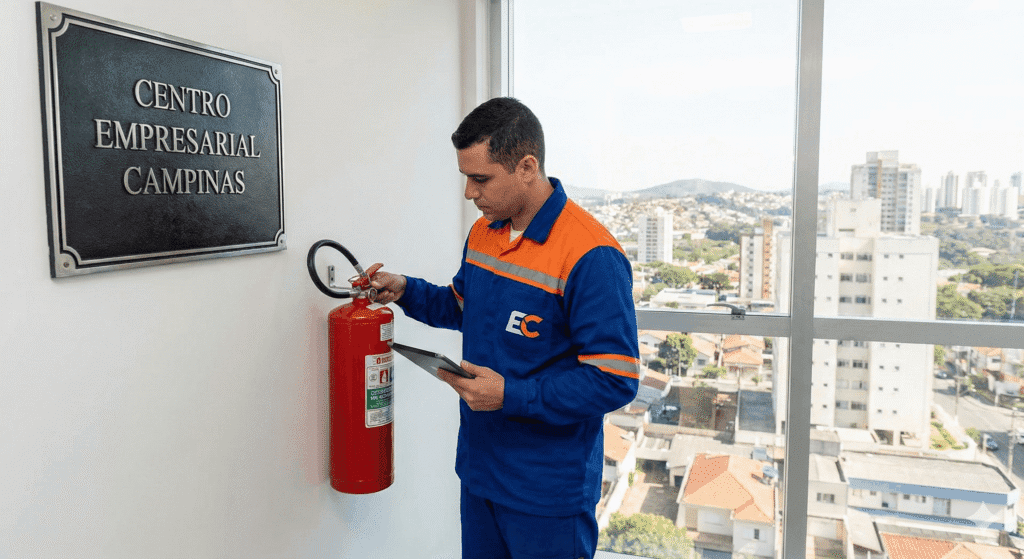 Técnico uniformizado de azul e laranja da empresa EC realizando a inspeção de extintores em um corredor do edifício Centro Empresarial Campinas, com uma ampla vista da cidade de Campinas ao fundo através da janela.