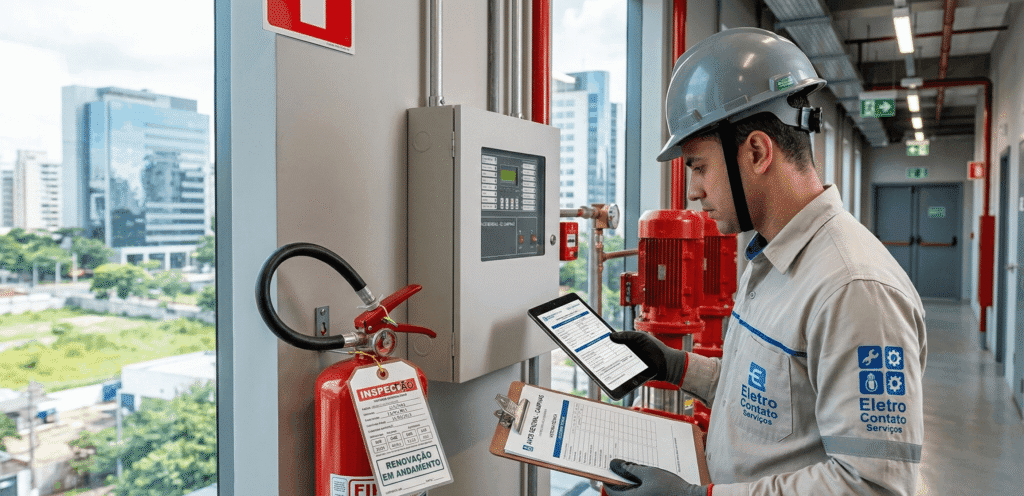 Técnico da Eletro Contato Serviços uniformizado, com capacete e luvas, analisando sistema de combate a incêndio com tablet e prancheta. Em destaque, um extintor com tag verde 'RENOVAÇÃO EM ANDAMENTO', ilustrando o processo de avcb vencido o que fazer. Ao fundo, prédios de Campinas.