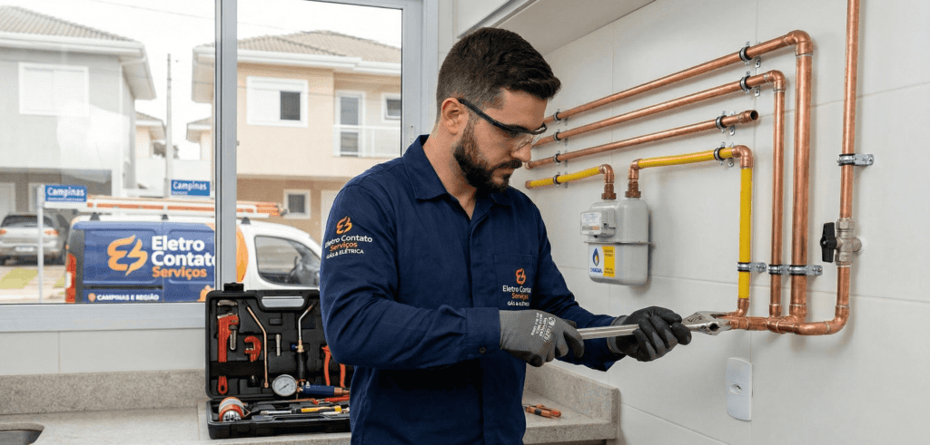 Técnico da Eletro Contato Serviços uniformizado realizando a instalação de tubulação de gás residencial em Campinas com ferramentas profissionais e tubos de cobre e PEX.