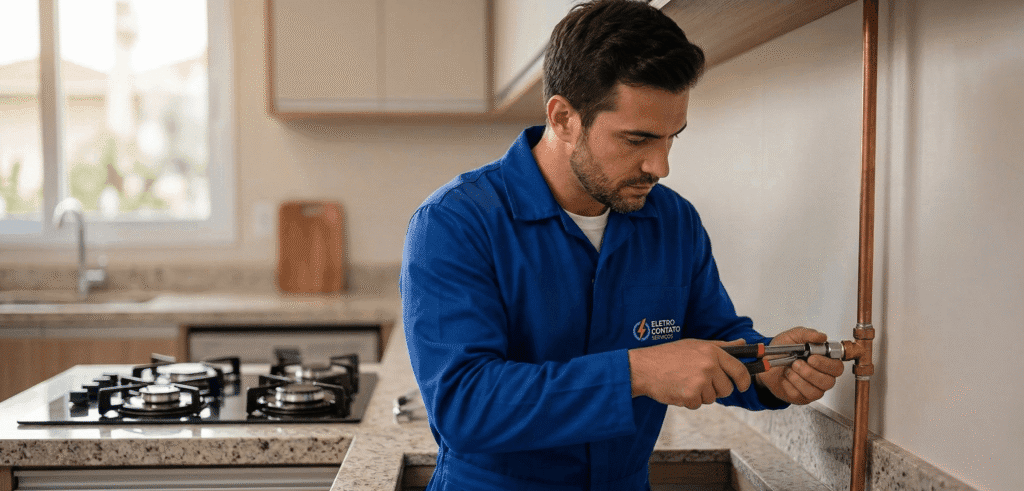 Técnico qualificado da Eletro Contato Serviços realizando o remanejamento de ponto de gás em Campinas, ajustando tubulação de cobre com segurança em uma cozinha planejada.