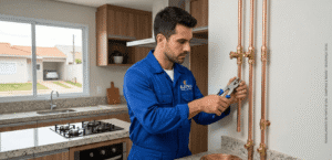 Técnico da Eletro Contato Serviços com uniforme azul realizando remanejamento de ponto de gás em Campinas, instalando tubulação de cobre com segurança em uma cozinha planejada.