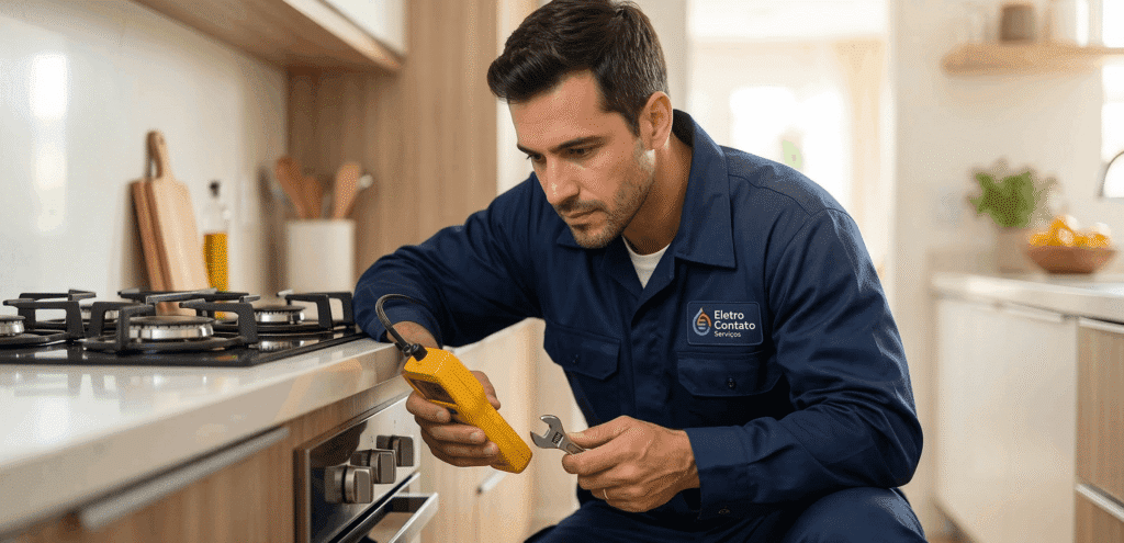 Profissional uniformizado trabalhando como técnico de gás de cozinha, realizando medições de segurança com detector de vazamentos em um fogão residencial.