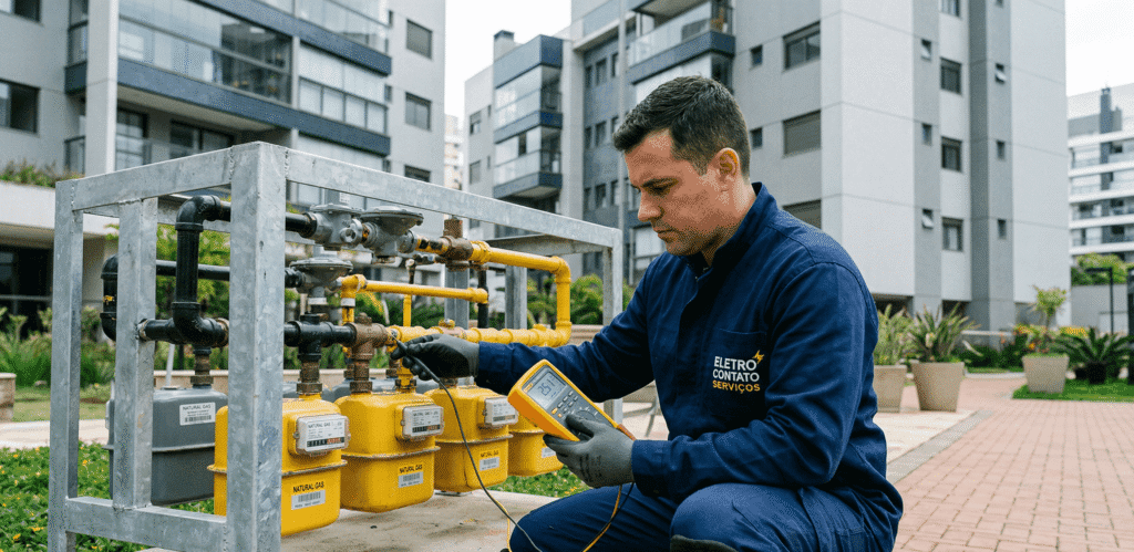 Técnico da Eletro Contato Serviços realiza medição de estanqueidade de gás utilizando um manômetro digital em um central de medidores com tubulações amarelas, na área externa de um condomínio residencial moderno.