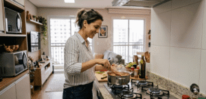 Mulher sorrindo e cozinhando em fogão abastecido por uma segura central de gás condomínio, sem botijões aparentes na cozinha.