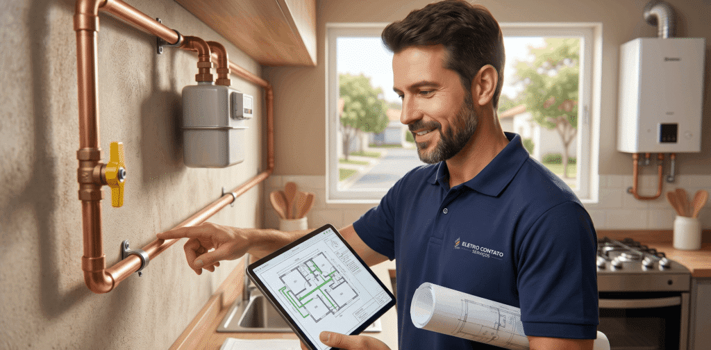 Técnico especializado da Eletro Contato Serviços em Campinas, segurando um tablet com o projeto de tubulação de gás residencial digital e um blueprint físico. Ele aponta para uma instalação de tubos de cobre de gás e um medidor na parede de uma cozinha moderna.