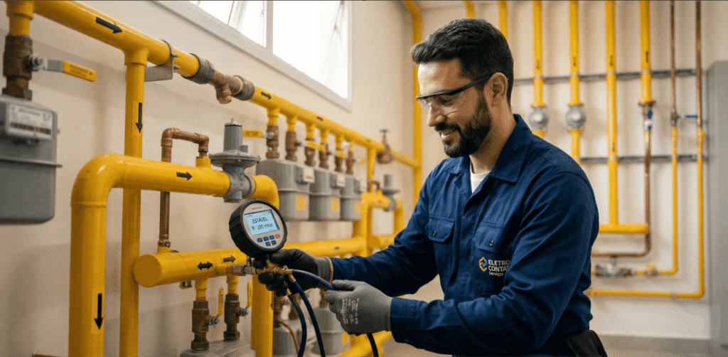 Técnico da Eletro Contato Serviços realiza teste de estanqueidade de gás em condomínio de Campinas, utilizando manômetro digital para verificar vazamentos.