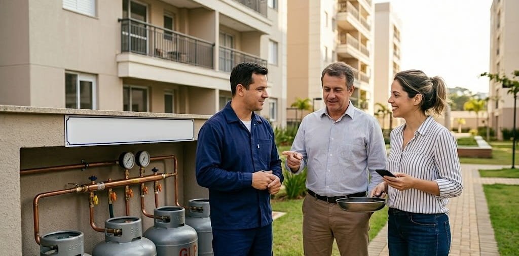 Um técnico da Eletro Contato, uniformizado, verifica um manômetro e usa ferramentas durante um teste de estanqueidade de gás em Valinhos, em uma central de gás de condomínio com cilindros de GLP.