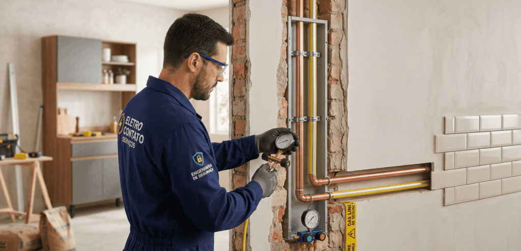 Técnico especialista da Eletro Contato Serviços realizando teste de estanqueidade e segurança em uma tubulação de gás embutida na parede durante reforma residencial.