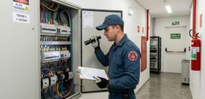 Oficial do Corpo de Bombeiros fardado, utilizando lanterna e prancheta para inspecionar rigorosamente um painel elétrico aberto durante processo de renovação AVCB em condomínio.