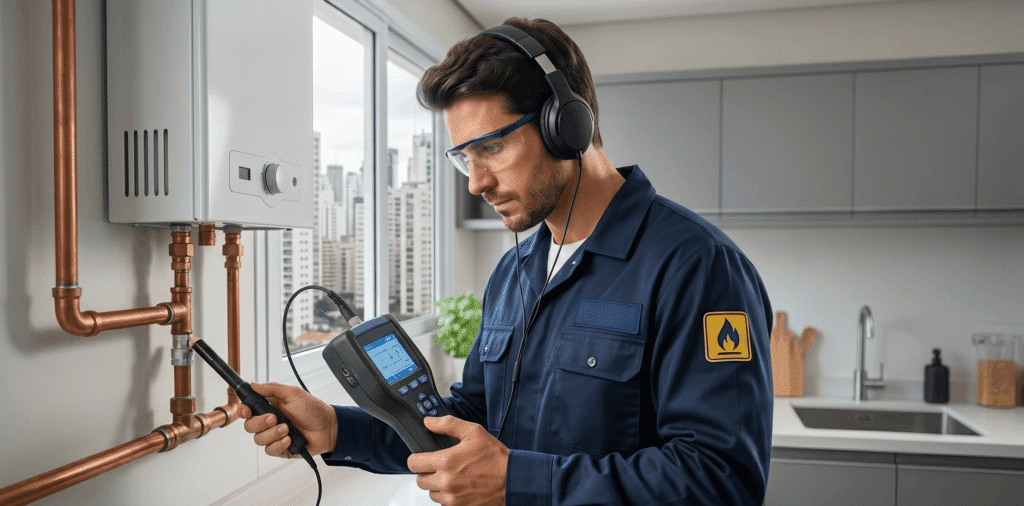 Técnico especialista realizando o serviço de caça vazamento de gás em campinas utilizando equipamento eletrônico de alta precisão.
