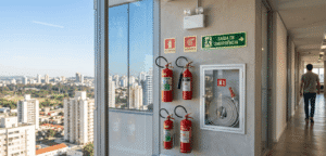 Extintores, mangueiras e placas de sinalização instalados em um corredor de prédio comercial, seguindo as diretrizes do projeto de combate a incêndio campinas.